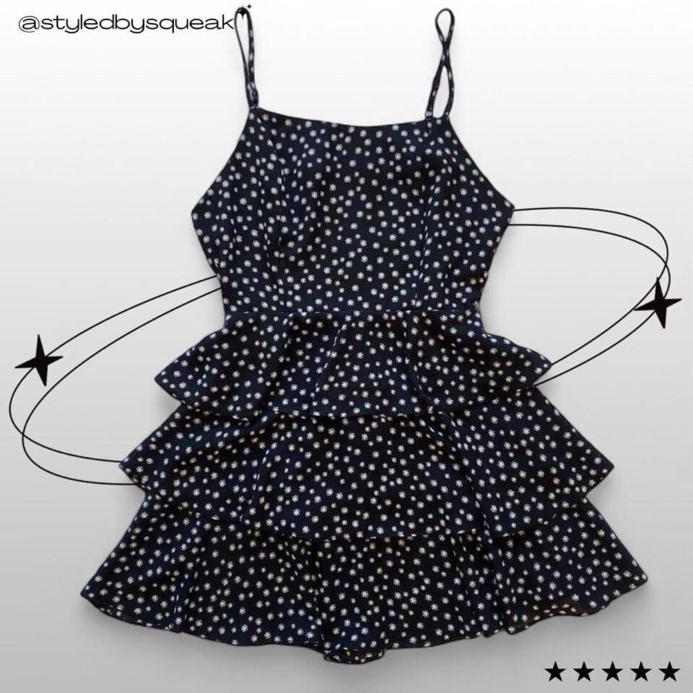 Forever 21 Black Ditsy Floral Tiered Open Back Mini Dress Small